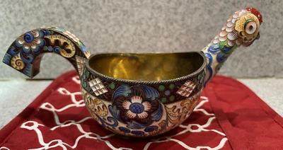 Imperial Ruso 88 Plata Esmalte Kovsh 170 Gramos Sellos Gallo Gallina Pájaro Foto 1 de 4