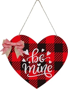 Valentine's Day Door Sign, Wooden Red and Black Buffalo Plaid Hanging Sign - Picture 1 of 6