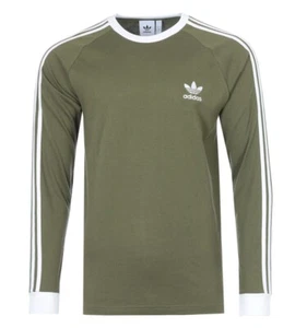 Camiseta Adidas Originales Para Hombre 3 Rayas Manga Larga Focus Oliva/Blanco Nueva con Etiquetas - Imagen 1 de 6