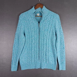 LL Bean Sweater Womens XL Double L Cable Knit Full Zip Cardigan Cotton Blue - Picture 1 of 8