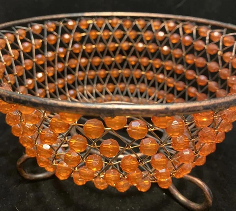 Vintage Metal Wire Woven Orange Beaded Basket Cover