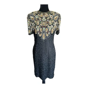 Laurence Kazar New York Black Silk Beaded Short Sleeve Knee Length Dress Size M - Picture 1 of 14