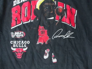 1997 Black Acid Washed CHICAGO BULLS Dennis Rodman NBA Finals Cartoon Shirt LG - Picture 1 of 4