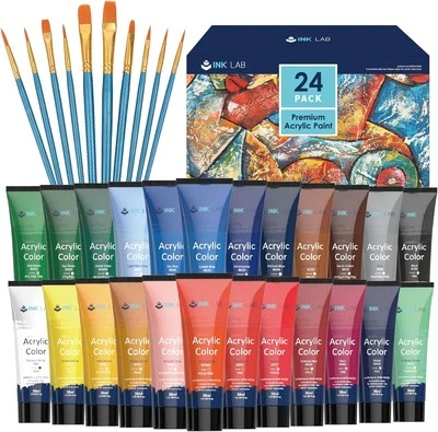 MARKE INK LAB Acrylfarbe Set 24 Tuben Ungiftig Acryl Farben Waschfeste Künstlerfarbe