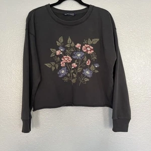 Abercrombie Fitch Women’s Cropped Sweatshirt M Gray Embroidered Floral Y2K - Picture 1 of 8