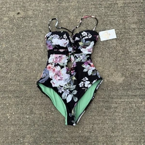 Becca Womens Multicolor Floral Spring Fling One-Piece Swimsuit Sz L Black Green - Picture 1 of 8