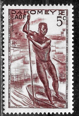 HICK GIRL- MINT FRENCH DAHOMEY STAMP   SC#115  1941  MAN POLING CANOE   L643 - Image 1 of 2