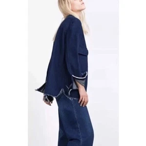 Zara Dark Wash Denim Jacket Large Oversized Shacket Raw Hem Utility Lightweight - Picture 1 of 8