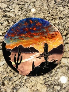 Vintage Mid Century Artisanal 8” Enamel on Copper Plate Apache Sunset Chris Litt - Picture 1 of 5