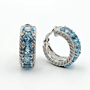 QVC Judith Ripka Sterling Silver 925 Aquamarine Hoop Clip On Earrings - Picture 1 of 17