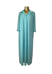Vintage VANITY FAIR Long Gown Robe LARGE Turquoise Blue Pearly Buttons - Picture 1 of 2