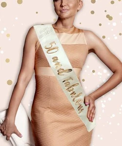 DELUXE "50 & FABULOUS" CREAM & ROSE GOLD SASH WITH DIAMANTES BIRTHDAY ACCESSORY - Picture 1 of 1