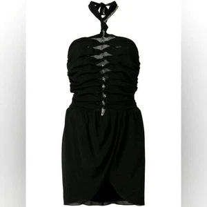 Abito SAINT LAURENT nuovo con etichette US 4 impreziosito vestito con ruche e bretelle nero $2590 - Foto 1 di 16