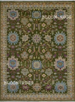 Handmade Olive Green Geometric Floral Rug 8x10 Oushak Rug | Customizable Carpet - Image 1 of 4