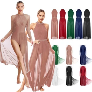Womens Glittery Sheer Mesh lowy Split Maxi Dress Lyrical Leotard Dance Costume - Picture 1 of 116