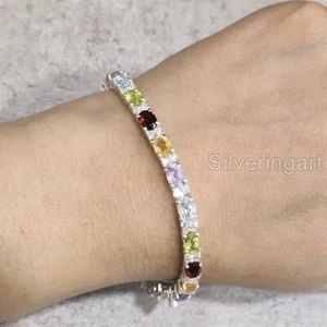 925 SILVER GARNET TOPAZ CITRINE PERIDOT AMETHYST NATURAL GEMSTONE LINK BRACELET - Picture 1 of 8