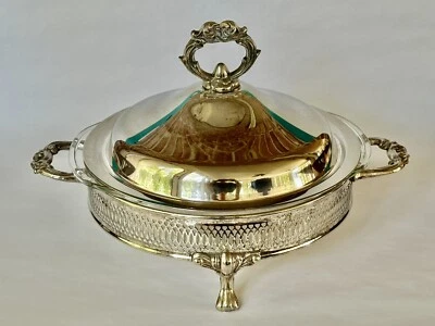 Vintage Silver Plated Casserole Serving Dish 13”w Lid and Glass Bowl 9" Diameter Foto 1 de 4