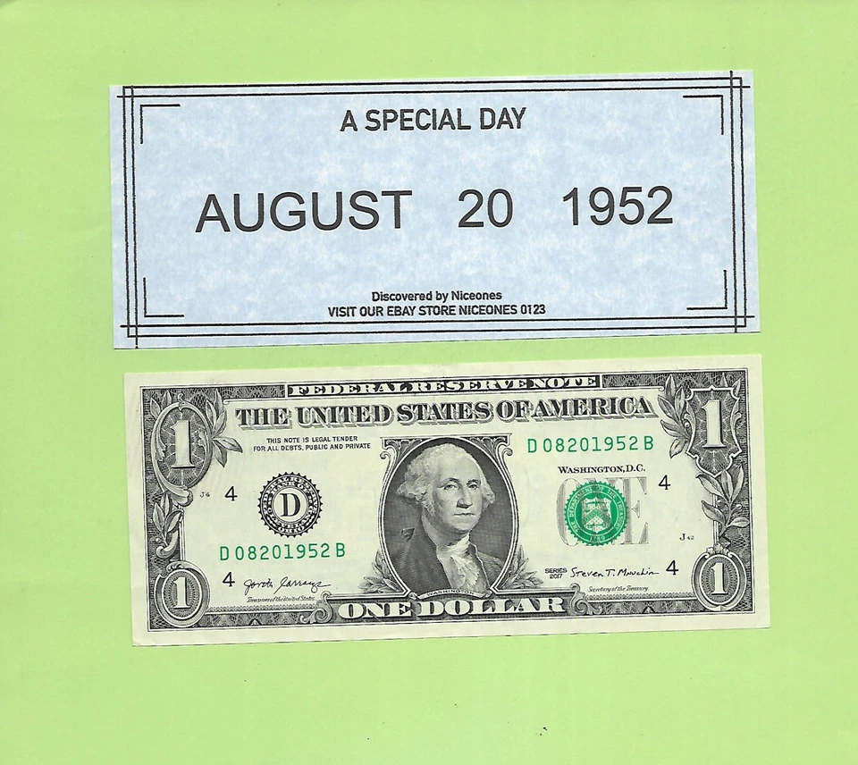 AUGUST 20, 1952 .. 2017 $1  D 0820 1952 B .... BIRTHDAY NOTE .... 08-20-1952 - Image 1 of 1