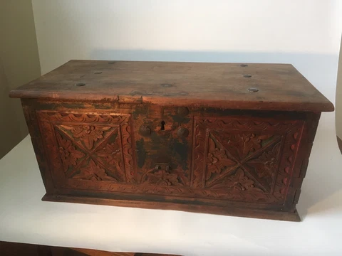 antique asian, Indian carved And Painted Wood chest Cover