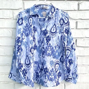 Chicos Linen Blouse Size  Blue Ikat Print No-Iron Button Front Shirt XS 4 6 - Picture 1 of 5