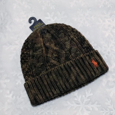 NWT POLO Ralph Lauren LODEN KNIT BEANIE Cuff OLIVE CAMO Wool Blend Cap ADULT OS - Image 1 of 4