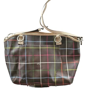 Coach Leather Tote Brown And Multi Color Plaid F24390 Shoulder Handbag Purse  - Image 1 of 4