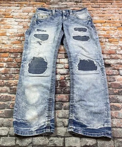 Rock Revival Jeans 30 Mens Blue Denim Neilly Straight Distressed Stretch Patches - Picture 1 of 23