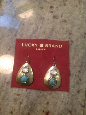 Lucky Brand Gold Tone Imitation Pearl And Turquoise Stone Drop Earrings, NWOT - Image 1 of 4