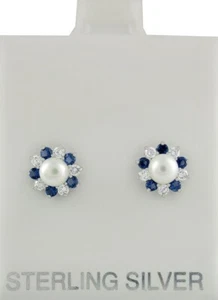 GENUINE PEARL, BLUE & WHITE SAPPHIRE EARRING .925 STERLING SILVER -New With Tag - Picture 1 of 4