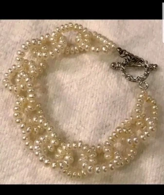 Ross Simon White Pearl sterling silver Bracelet Tennis Bangle Circle Link Toggle - Image 1 of 4