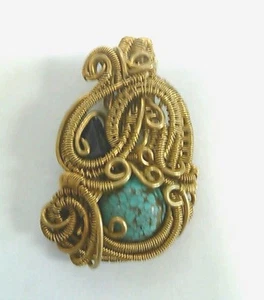 Artisan Bronze Wire Wrapped Small Black Tourmaline & Turquoise Stone Pendant - Picture 1 of 6