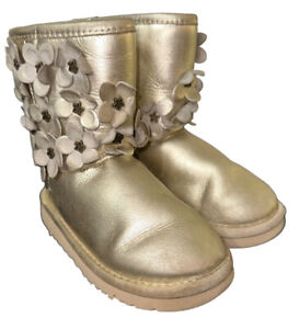 Ugg Toddler Flora Boots Size 10 Gold Distressed Leather Uppers Sherpa Lined READ