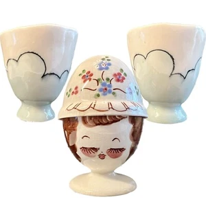 Vtg HandPainted Cloud Egg Cups Signed Anthromorphic Face Sushi Tea Cup Lot FLAW - Picture 1 of 21