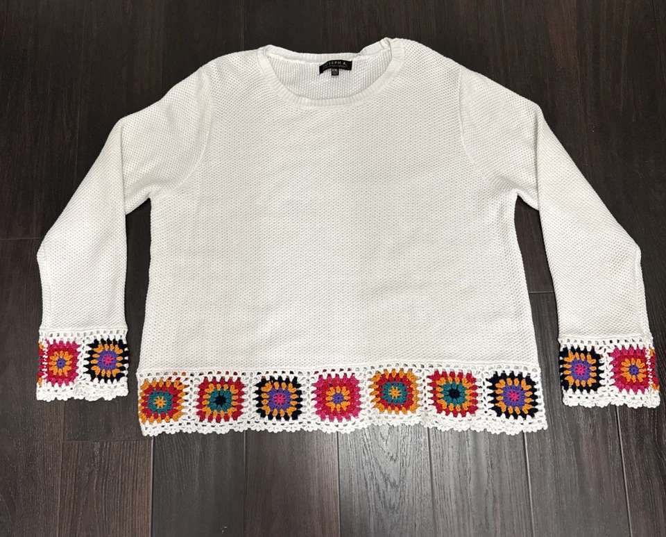 Suéter Joseph A. Crochet Abuelita Cuadrados Talla XXL Blanco Algodón Tejido Boho Hippy Foto 1 de 4