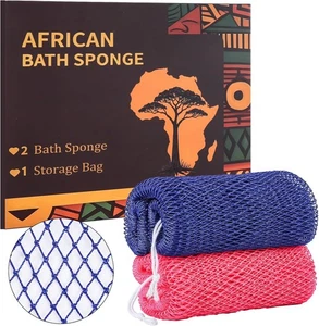 Afrikanischer Netzschwamm Authentic mit Knoten, 2 Stück Peeling blau &amp; rosa  - Bild 1 von 6