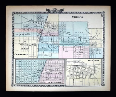 Mapa de Warner Beers Illinois 1876 Champaign Urbana Mattoon Charleston IL University Foto 1 de 4