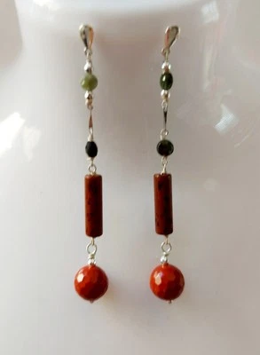 Orecchini pendenti in argento 925 con ossidiana, tormalina, diaspro ed ematite - Immagine 1 di 4