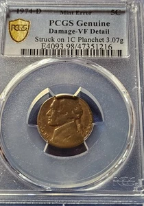 A 1974 D JEFFERSON NICKEL STRUCK ON A CENT PLANCHET 3.07 Gr ERROR COIN PCGS - Picture 1 of 2