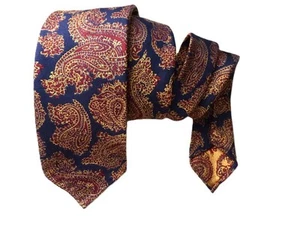 Drake's navy gold red paisley luxurious silk skinny tie - Picture 1 of 3