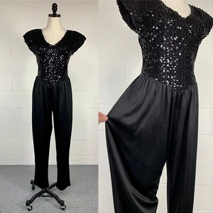 Vintage 70s Black Shiny Sequin Polyester Harem Jumpsuit Gothic Glamour Disco 6 - Picture 1 of 11