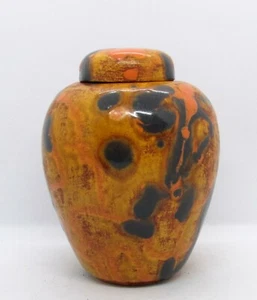 Small Lidded Ceramic Ginger Jar in Brown w/ Accents in Orange & Gray - Picture 1 of 8