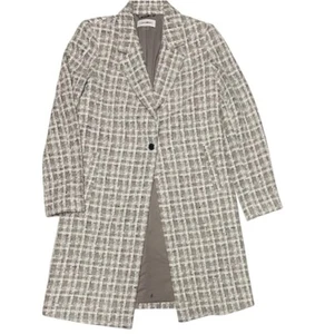 CALVIN KLEIN TWEETED ONE BUTTON LONG GRAY JACKET WOMEN NOTCH LAPELS PLAID SIZE 6 - Picture 1 of 16