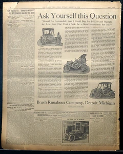 1910 Detroit Newspaper Page - Rare, Large Brush Runabout Automobile Ad - Picture 1 of 1