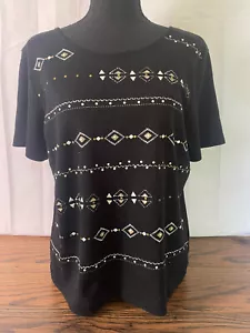 ALFRED DUNNER Women's Petite M Black Boho Goth Aztec Geo Top Whimsical Festival - Picture 1 of 4