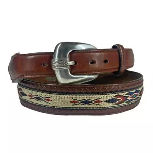 Cintura JUSTIN marrone rossastro vera pelle tela azteca taglia 34 Southwest #B1257 - Foto 1 di 3