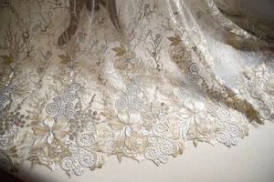 Gray Gold Embroidery Lace Fabric, Tulle Lace Fabric With Floral, - Picture 1 of 5