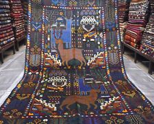 Vintage Afghan Baluchi Pictorial Area Rug 4x7 Blue Handmade Tribal Animal Carpet