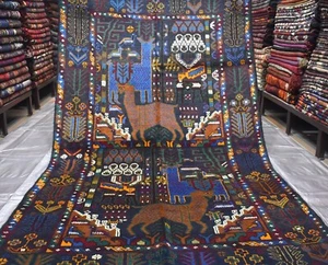 Vintage Afghan Baluchi Pictorial Area Rug 4x7 Blue Handmade Tribal Animal Carpet - Picture 1 of 11