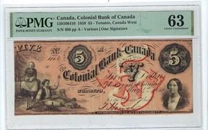 1859 Colonial Bank of Canada $5 130100410 (Toronto) UNC PMG 63 - Picture 1 of 2