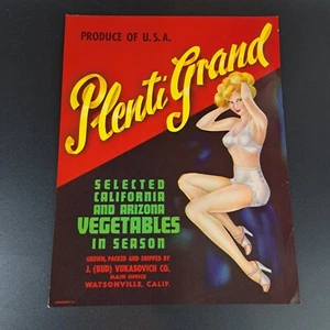 Etiqueta Original De Colección PLENTI GRAND Vegetales Watsonville CA Dama Risqué 7"x9" - Imagen 1 de 3